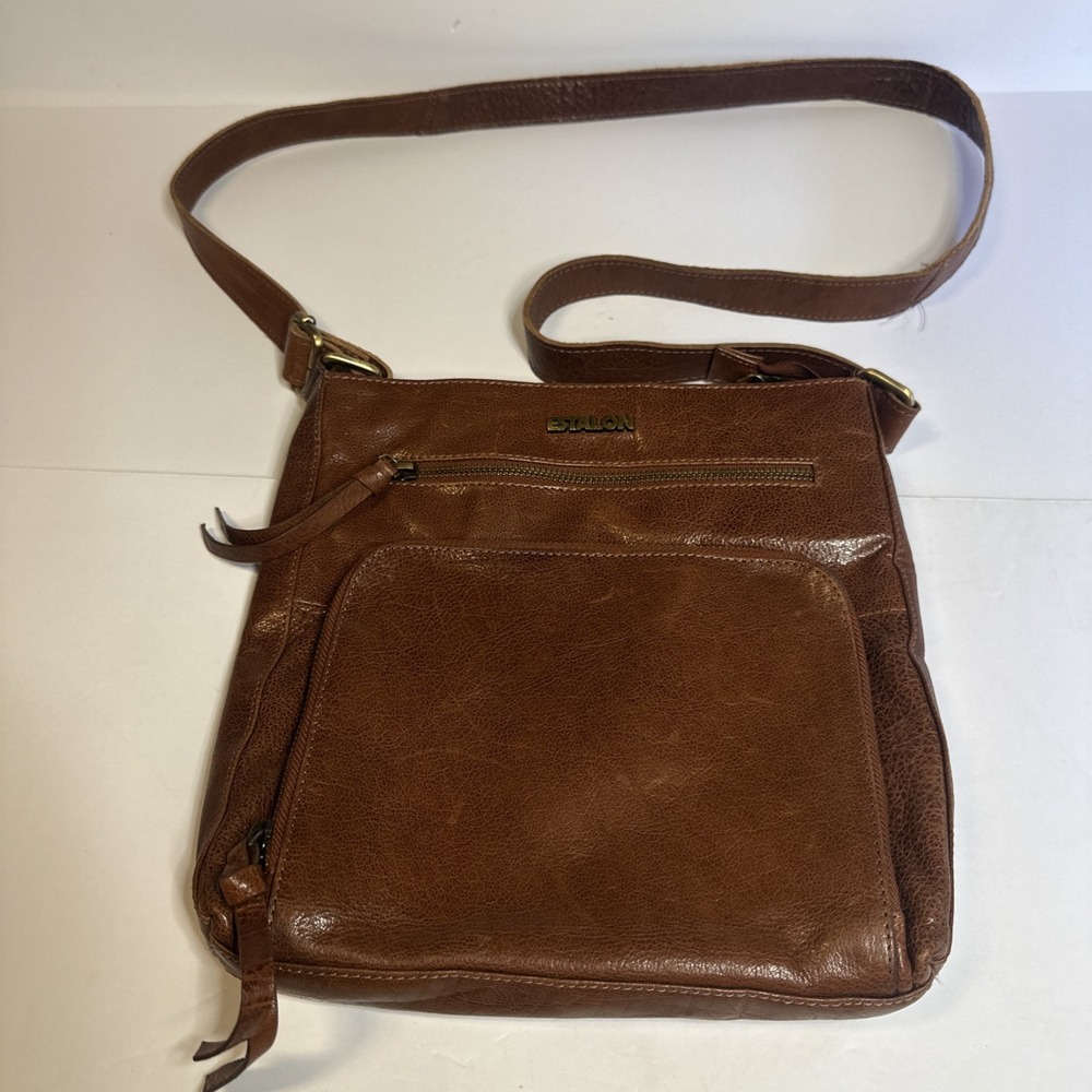 Estalon Light Brown Leather Crossbody Purse Messenger Bag 10" x 10" x 2"